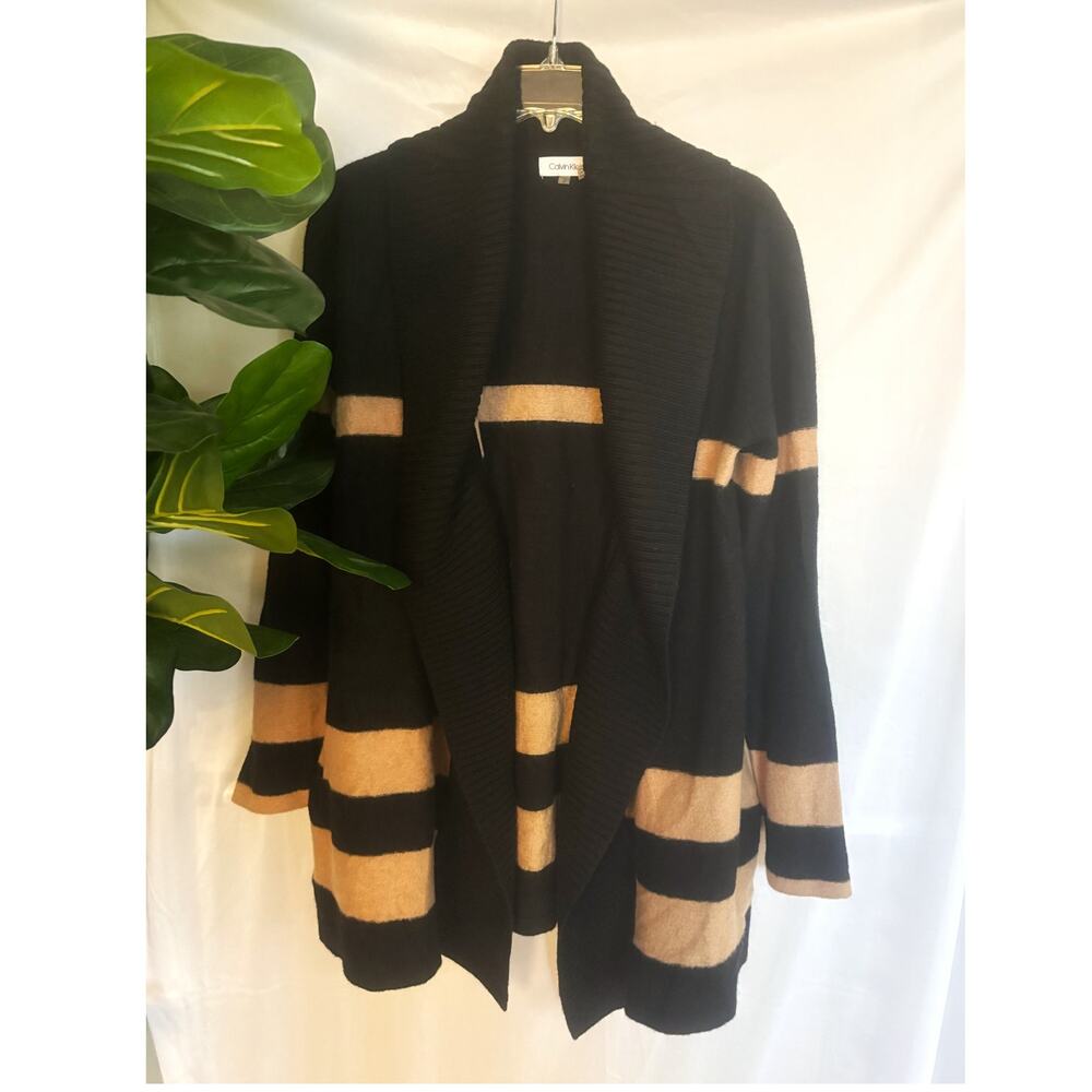 Calvin Klein Black/Brown Wool Long Open Cardigan Womens Size L